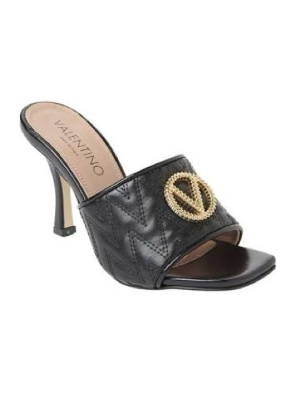 Valentino Black Quilted Leather Slide Mule with Gold V-Logo Size 8